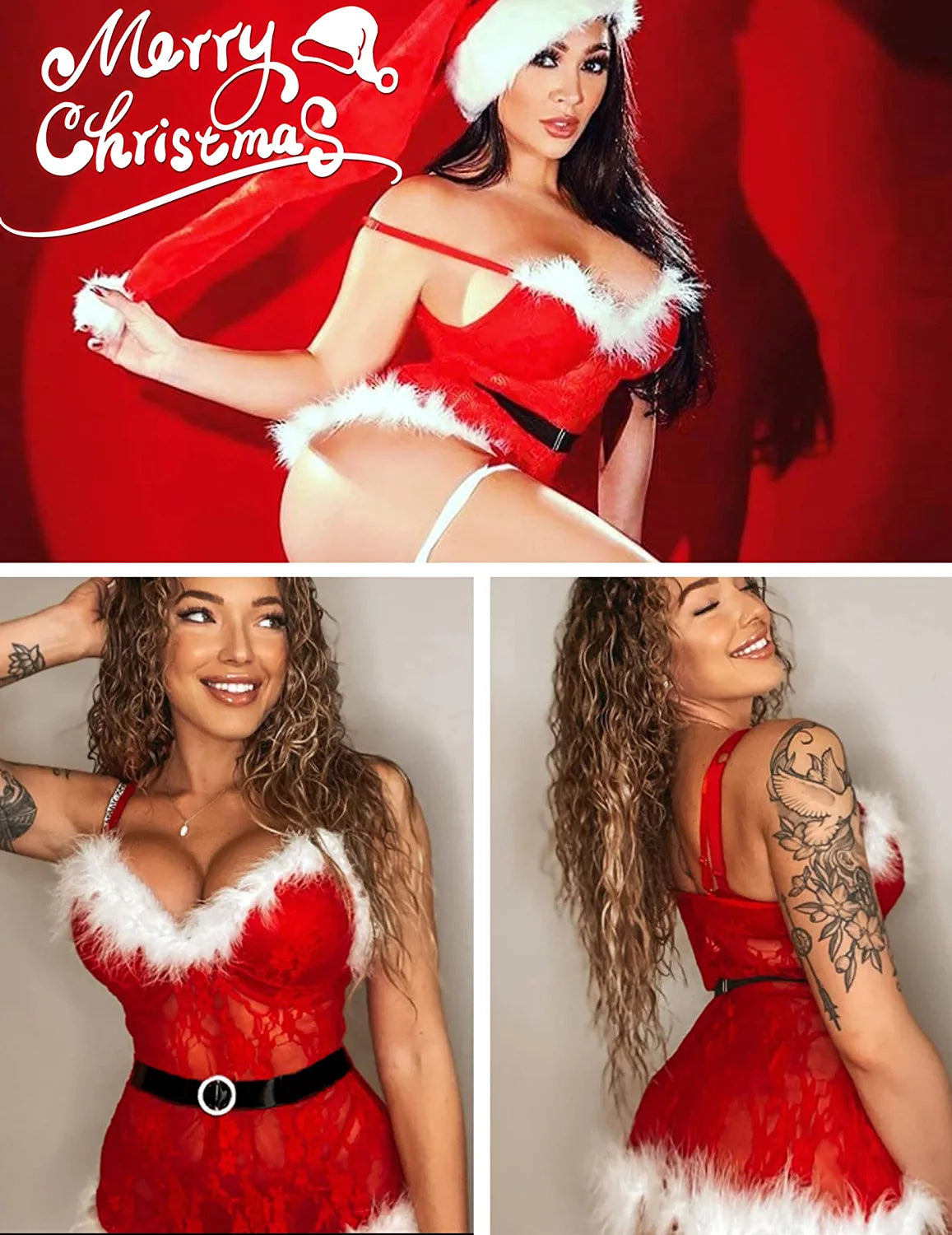 Avidlove Christmas Lingerie for Santa Dress Red Lingerie Babydoll Lace Chemise