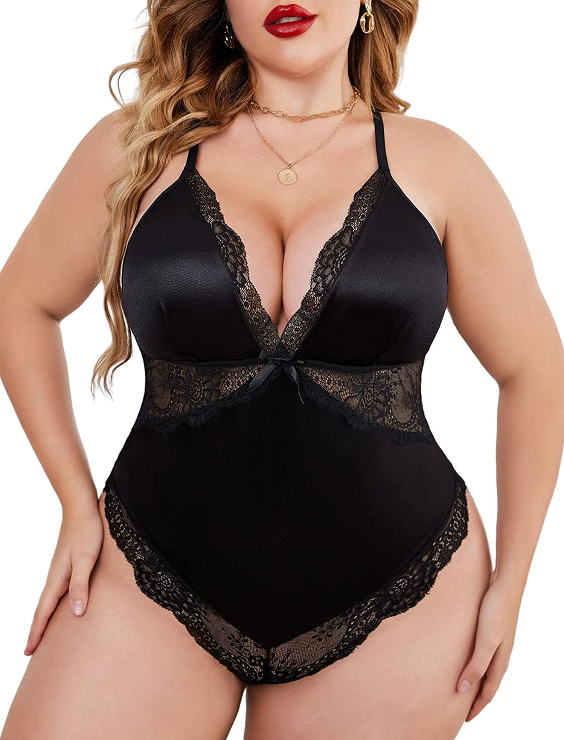 Avidlove Plus Size Lingerie Snap Crotch Teddy Bodysuit Satin Deep V Chemise Clubwear L~4XL