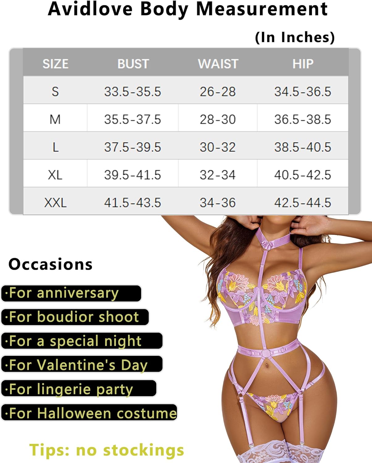 Avidlove Lingerie for Embroidered Lace Underwire Strappy Bra and Panty Set with Removable Garter