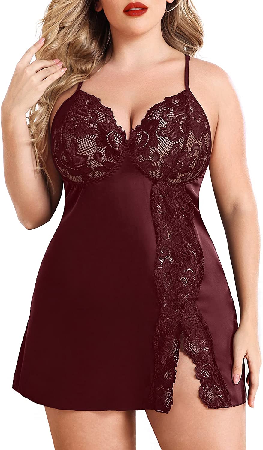 Avidlove Plus Size Lingerie Satin Nightgown Lace Babydoll Side Slit Strappy Chemise