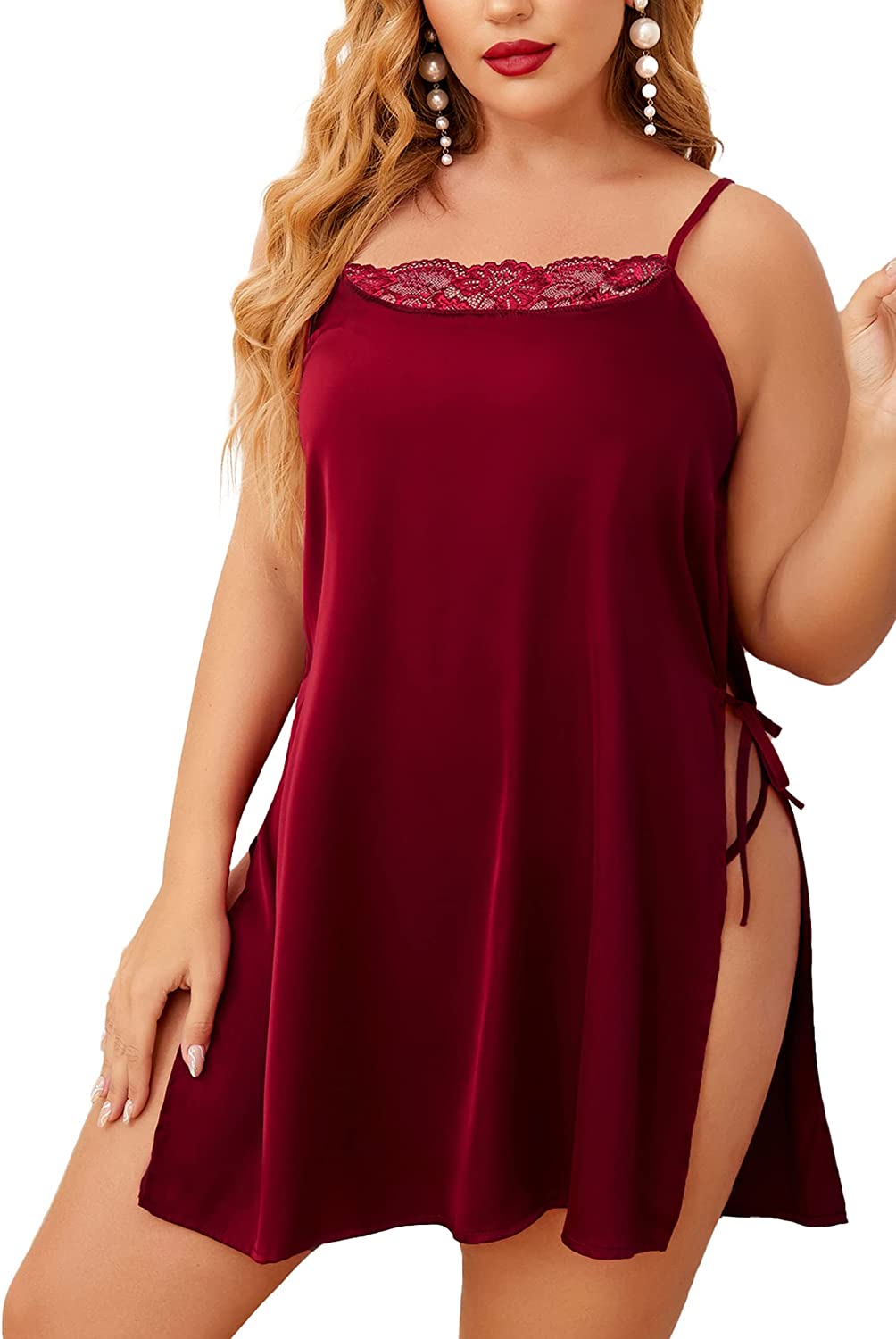 Avidlove Plus Size Lace Babydoll Lingerie Side Slit Strappy Chemise Sleepwear