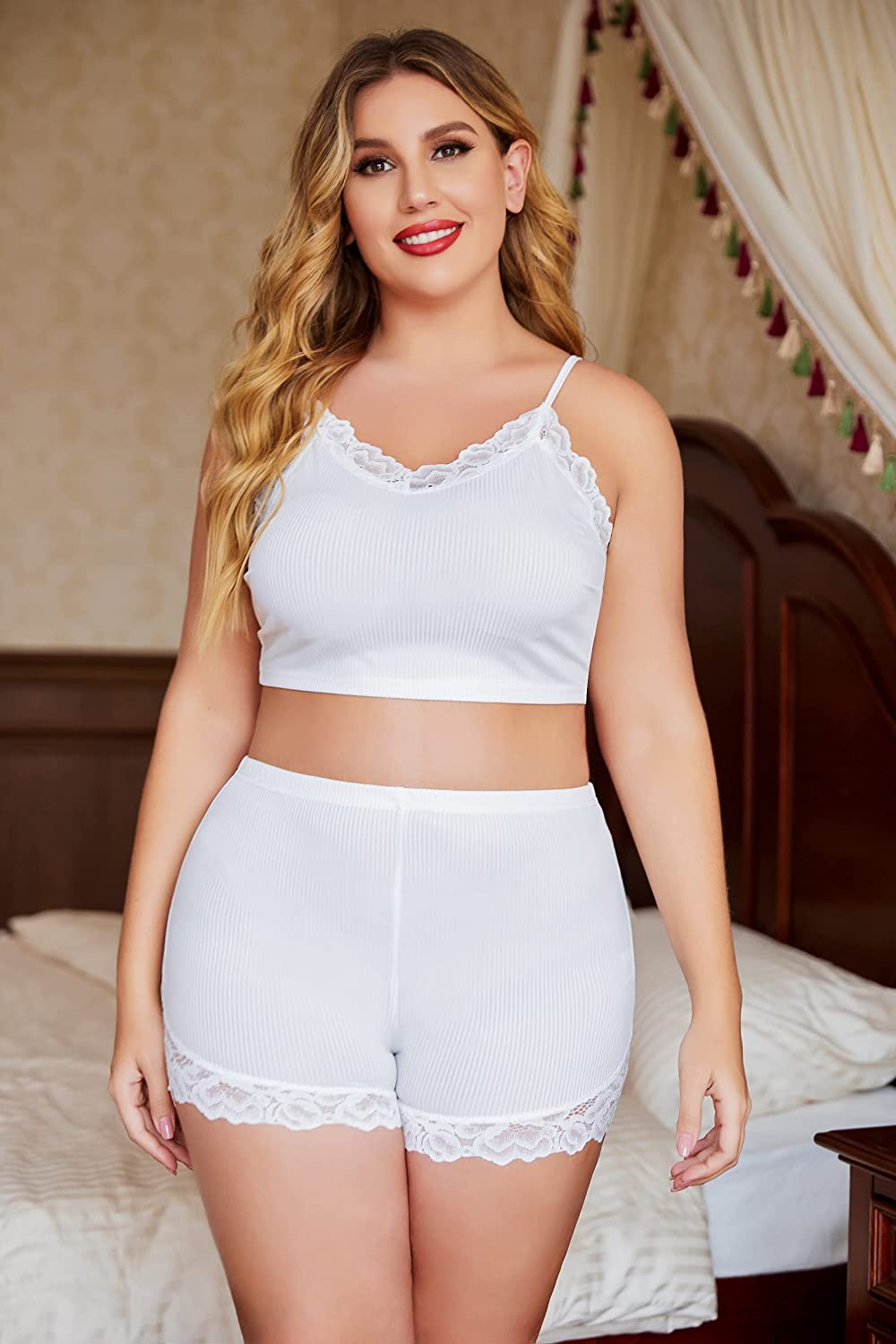 Avidlove Plus Size Lingerie Set Lace V Neck Cami Top and Shorts Pajama Set