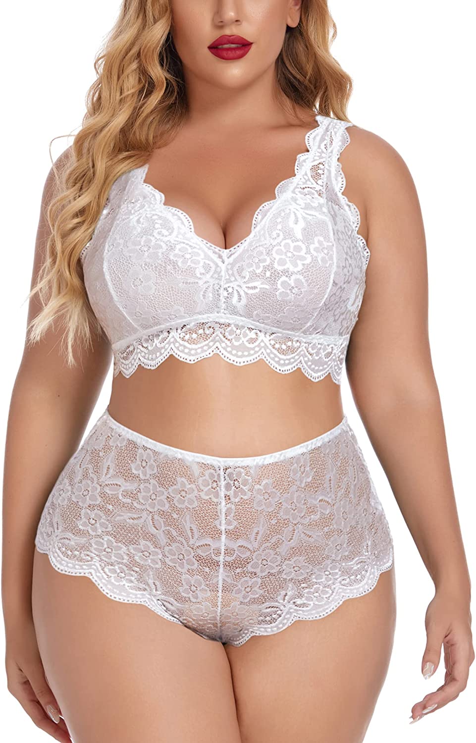 Avidlove Plus Size Lingerie Set Lace Halter Bralette High Waist Panty Set