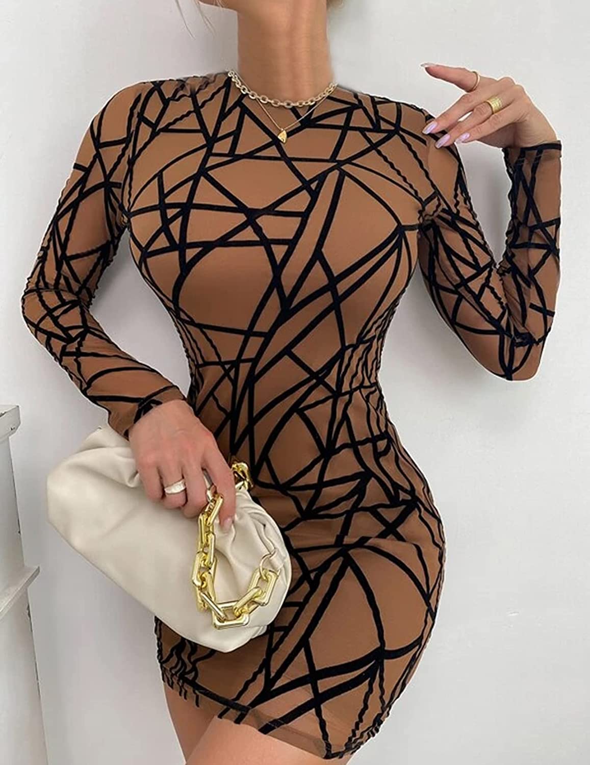 Avidlove Mesh Dress Long Sleeve Bodycon Sheer Dresses Crew Neck Mini Dresses for Club Party(Without Bra Panty)