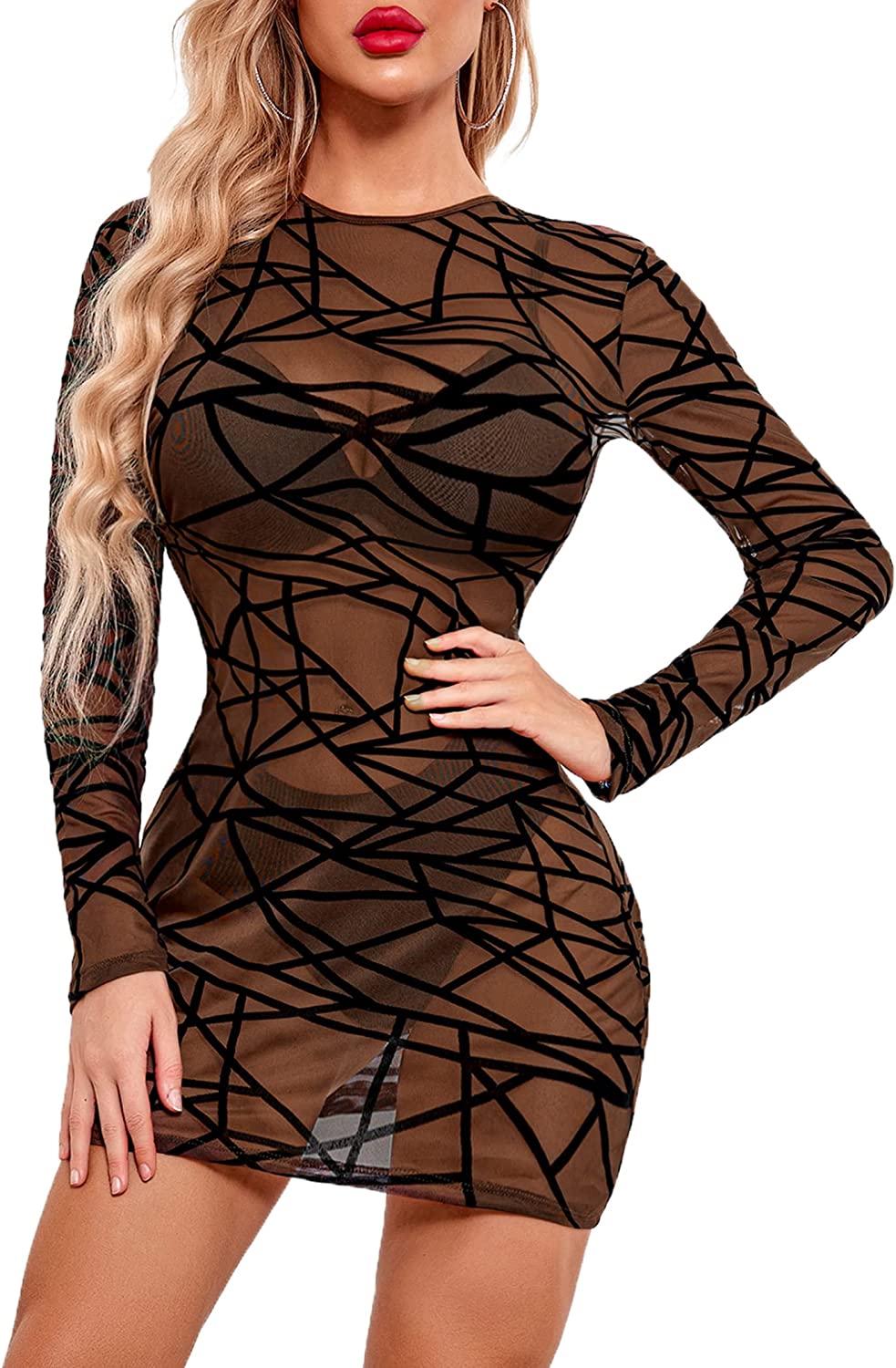 Avidlove Mesh Dress Long Sleeve Bodycon Sheer Dresses Crew Neck Mini Dresses for Club Party(Without Bra Panty)