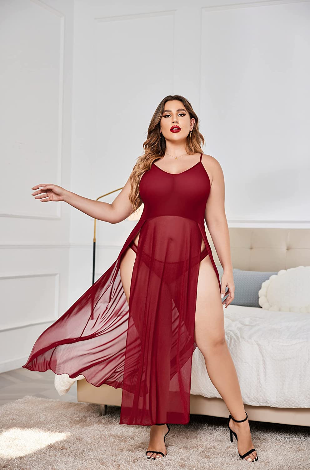 Avidlove Plus Size Dress For Babydoll Mesh Maxi Nightdress Strappy Exotic Sleepwear Side Slits