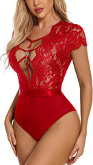 Avidlove Short Sleeve Lingerie Lace Teddy Bodysuit Tops for Going Out One Piece Chemise Clubwear