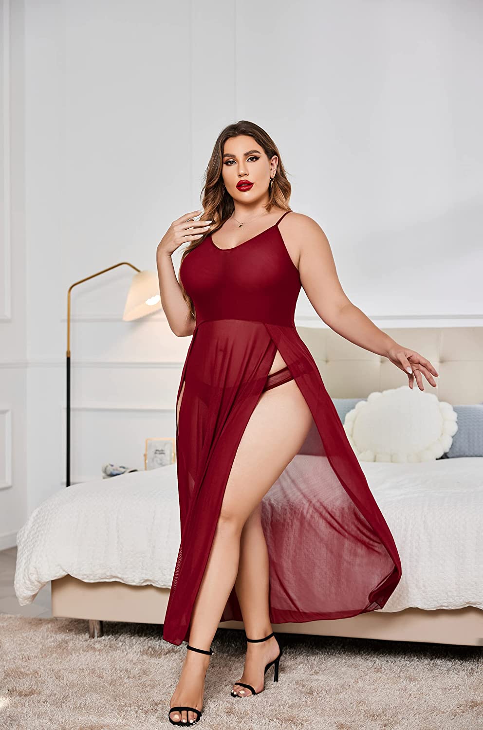 Avidlove Plus Size Dress For Babydoll Mesh Maxi Nightdress Strappy Exotic Sleepwear Side Slits