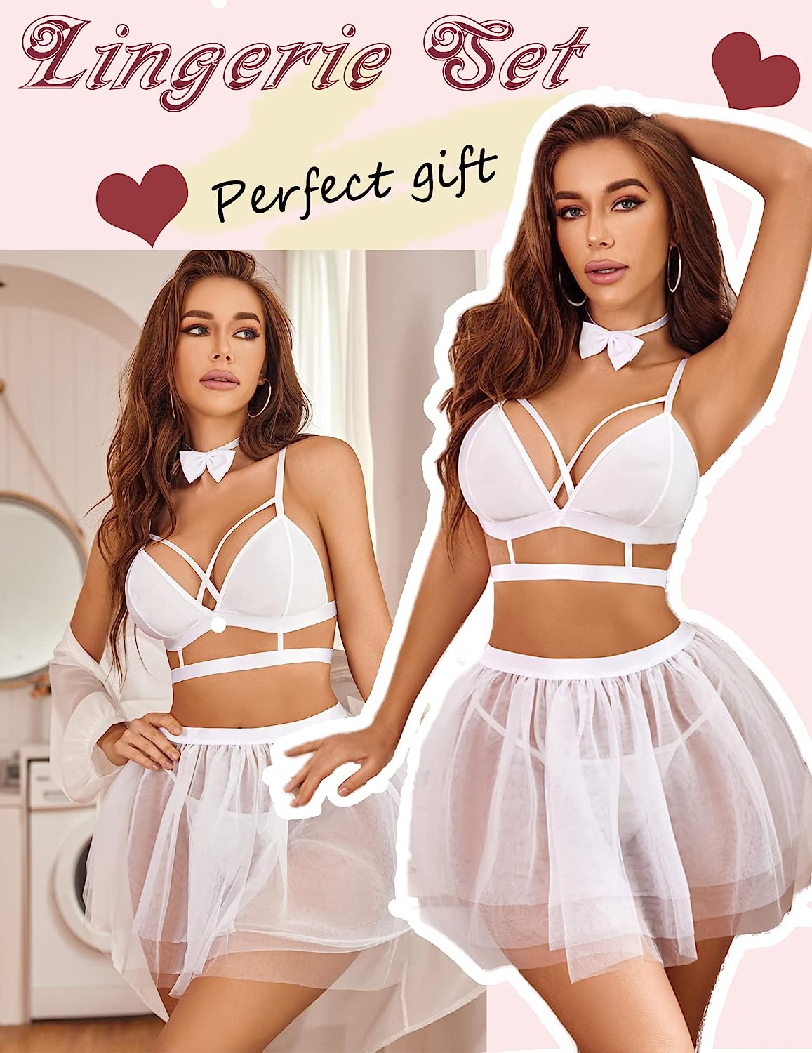 Avidlove Lingerie For Strappy Lingerie With Skirt Set Removable Choker Sleepwear S-XXL