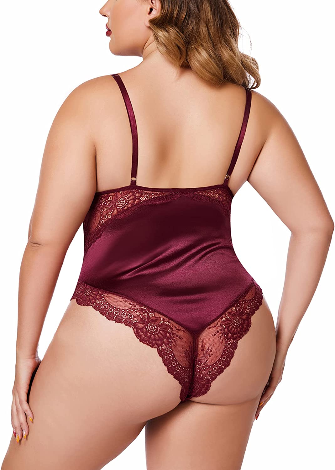 Avidlove Plus Size Lingerie Snap Crotch Teddy Bodysuit Satin Deep V Chemise Clubwear L~4XL