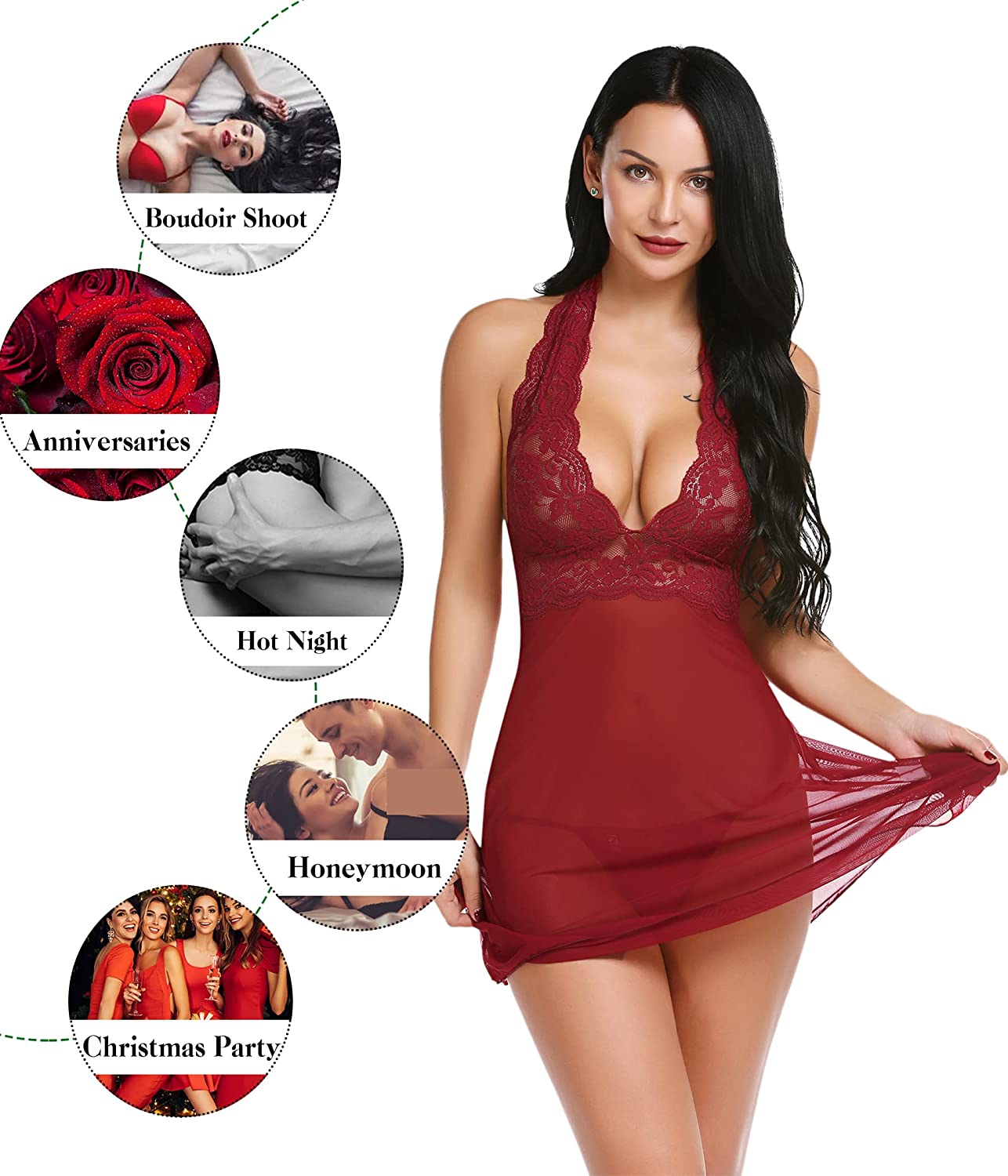 Avidlove Lingerie Halter Chemise Lace Babydoll Mesh Nightwear V Neck Teddy