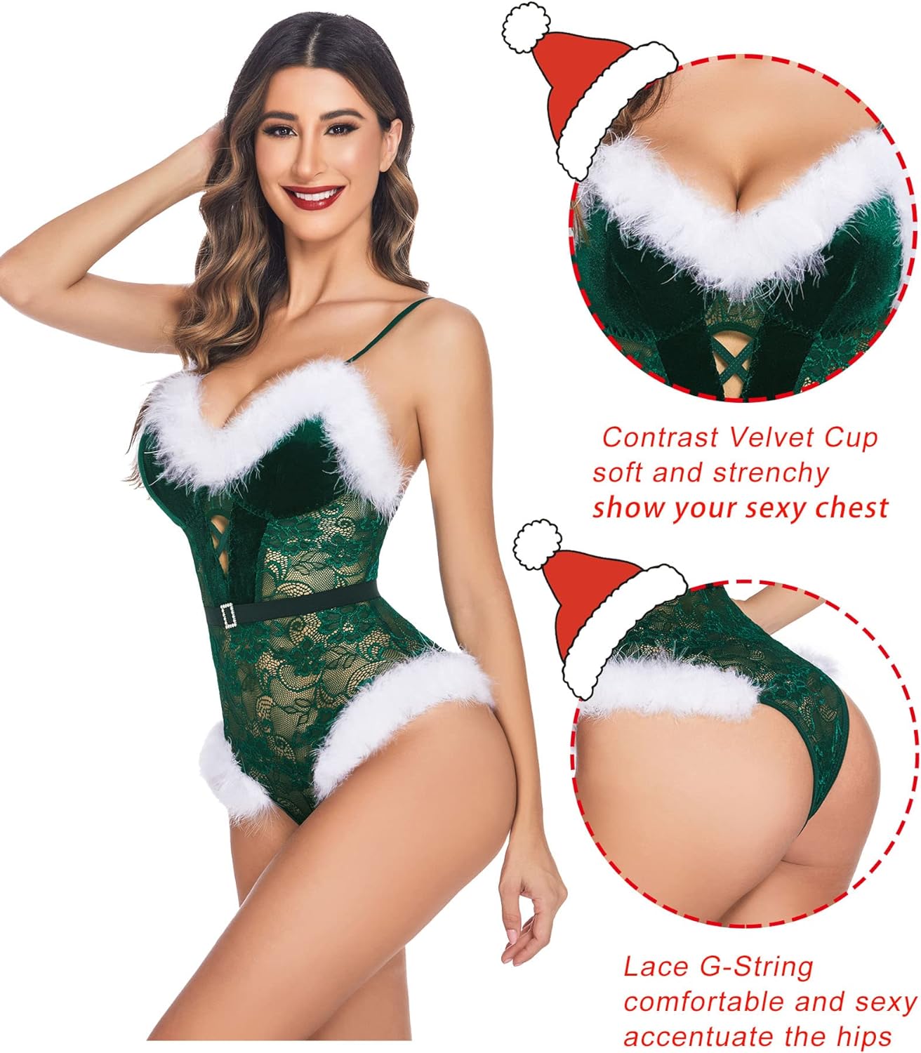 Avidlove Christmas Lingerie Santa Teddy Bodysuit Contrast Velvet Lace Lingerie