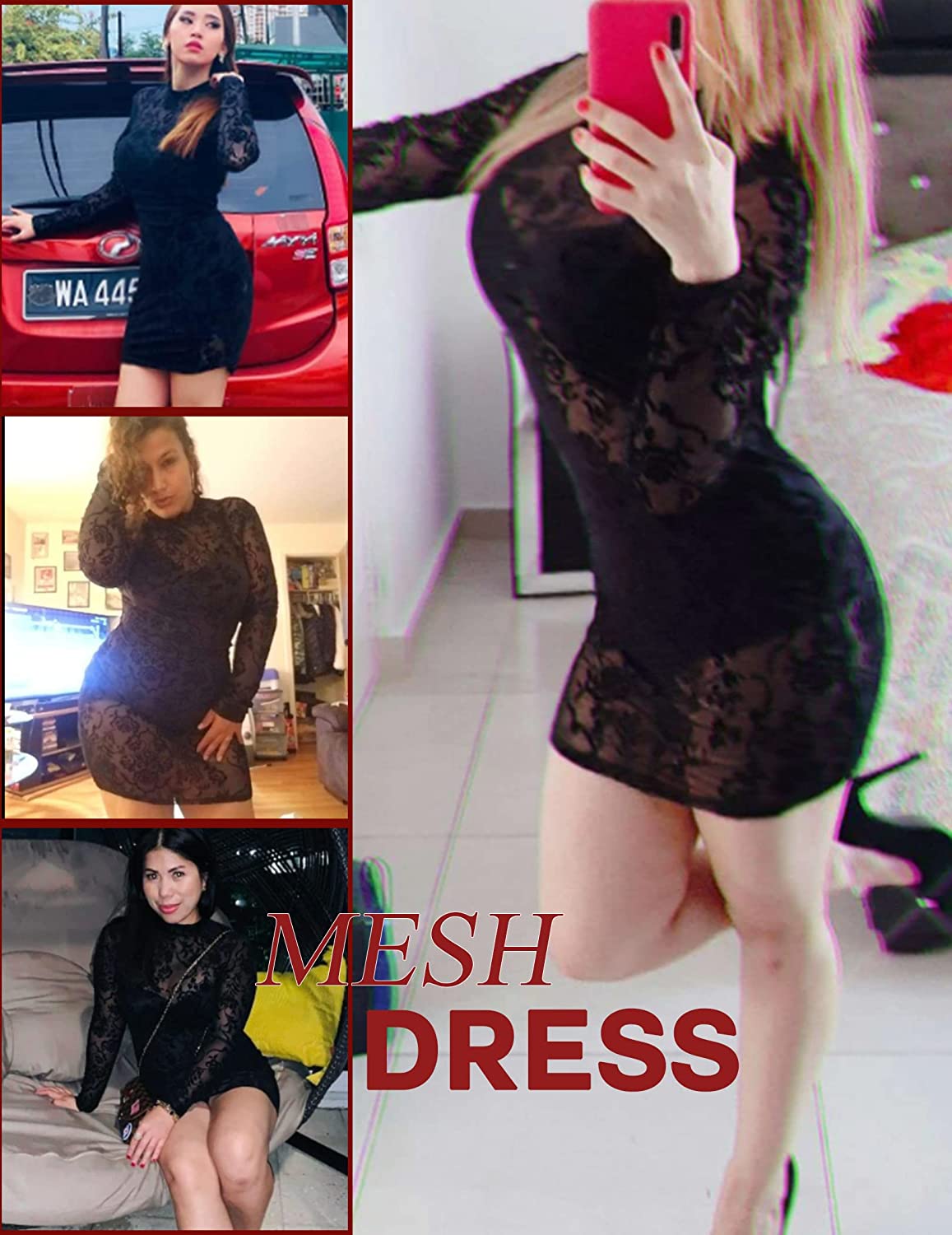 Avidlove Mesh Dress Long Sleeve Bodycon Sheer Dresses Crew Neck Mini Dresses for Club Party(Without Bra Panty)