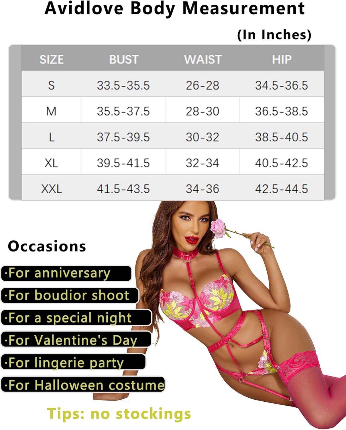 Avidlove Lingerie for Embroidered Lace Underwire Strappy Bra and Panty Set with Removable Garter