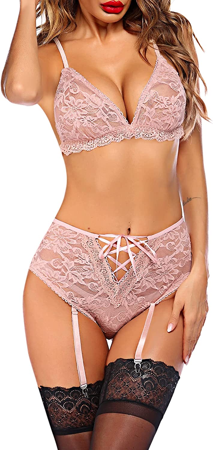 Avidlove Lingerie Set with Garter Belts High Waisted Lace Teddy Strap Bodysuit Babydoll