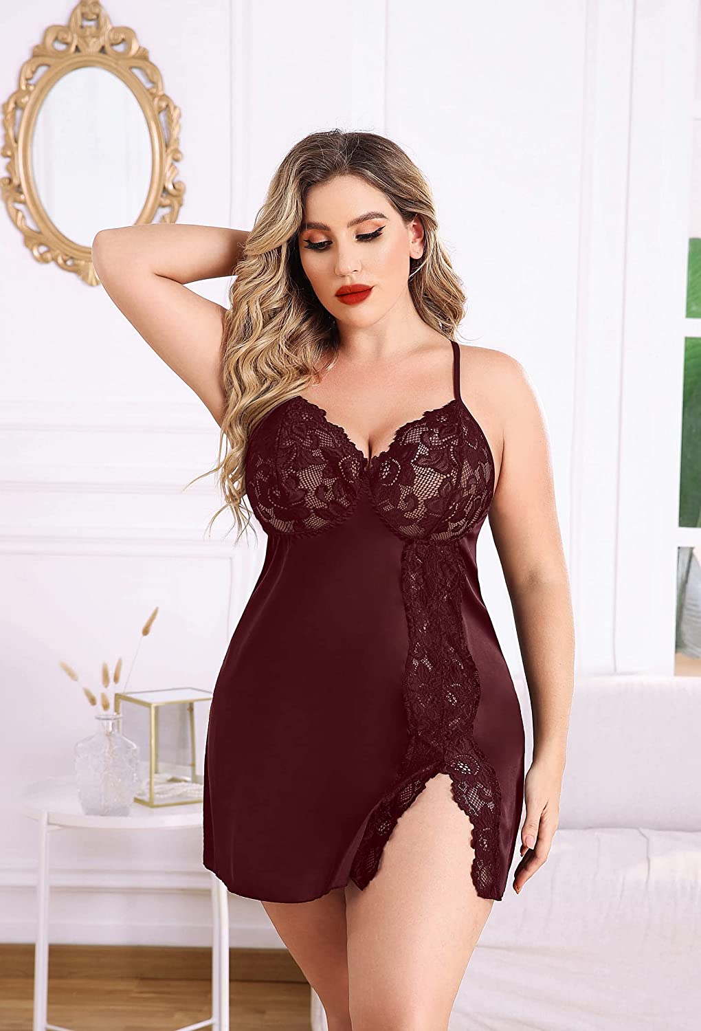 Avidlove Plus Size Lingerie Satin Nightgown Lace Babydoll Side Slit Strappy Chemise