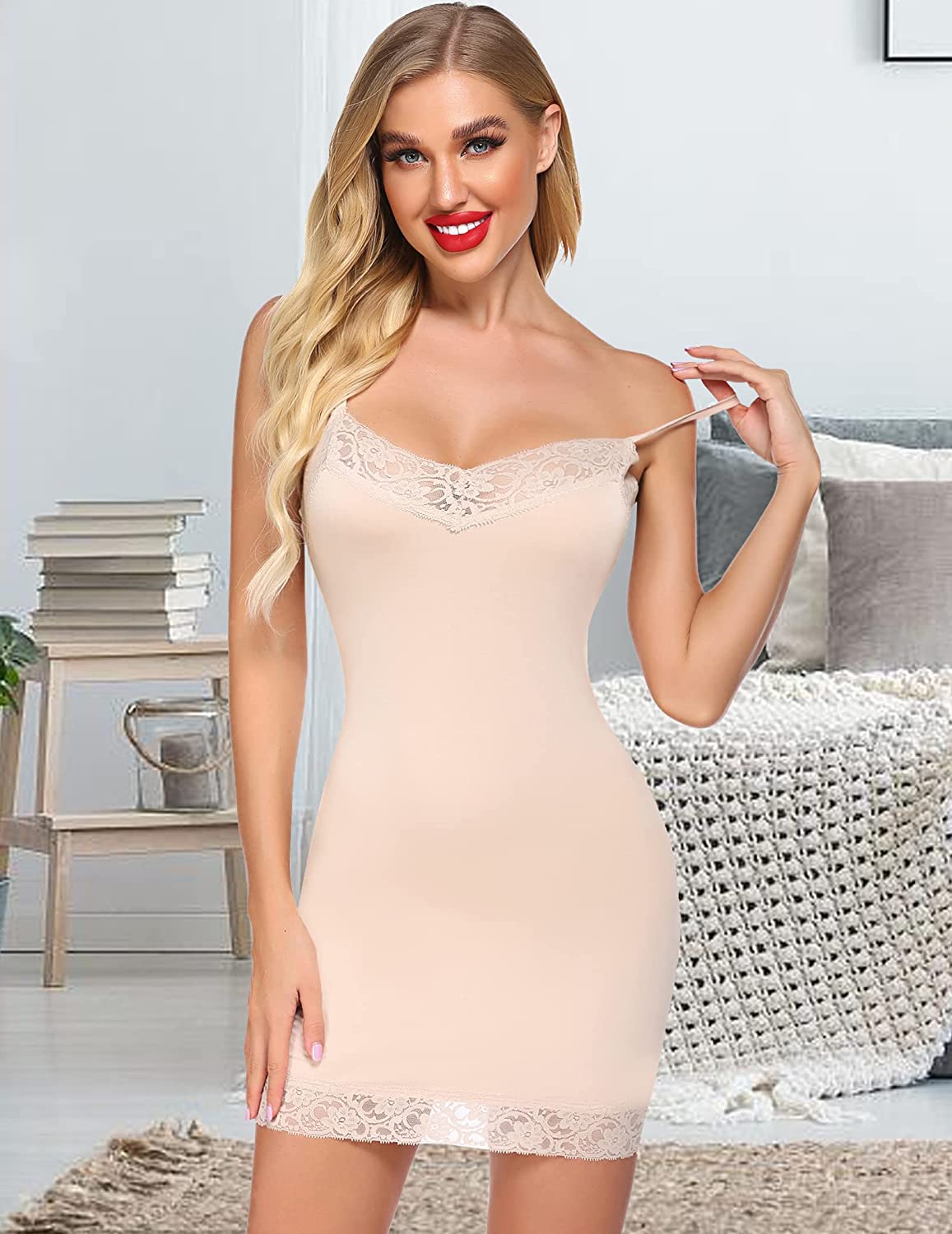 Avidlove Full Slip Lace Chemise Modal Slip Dress V Neck Nightgown Camisole Mini Dress