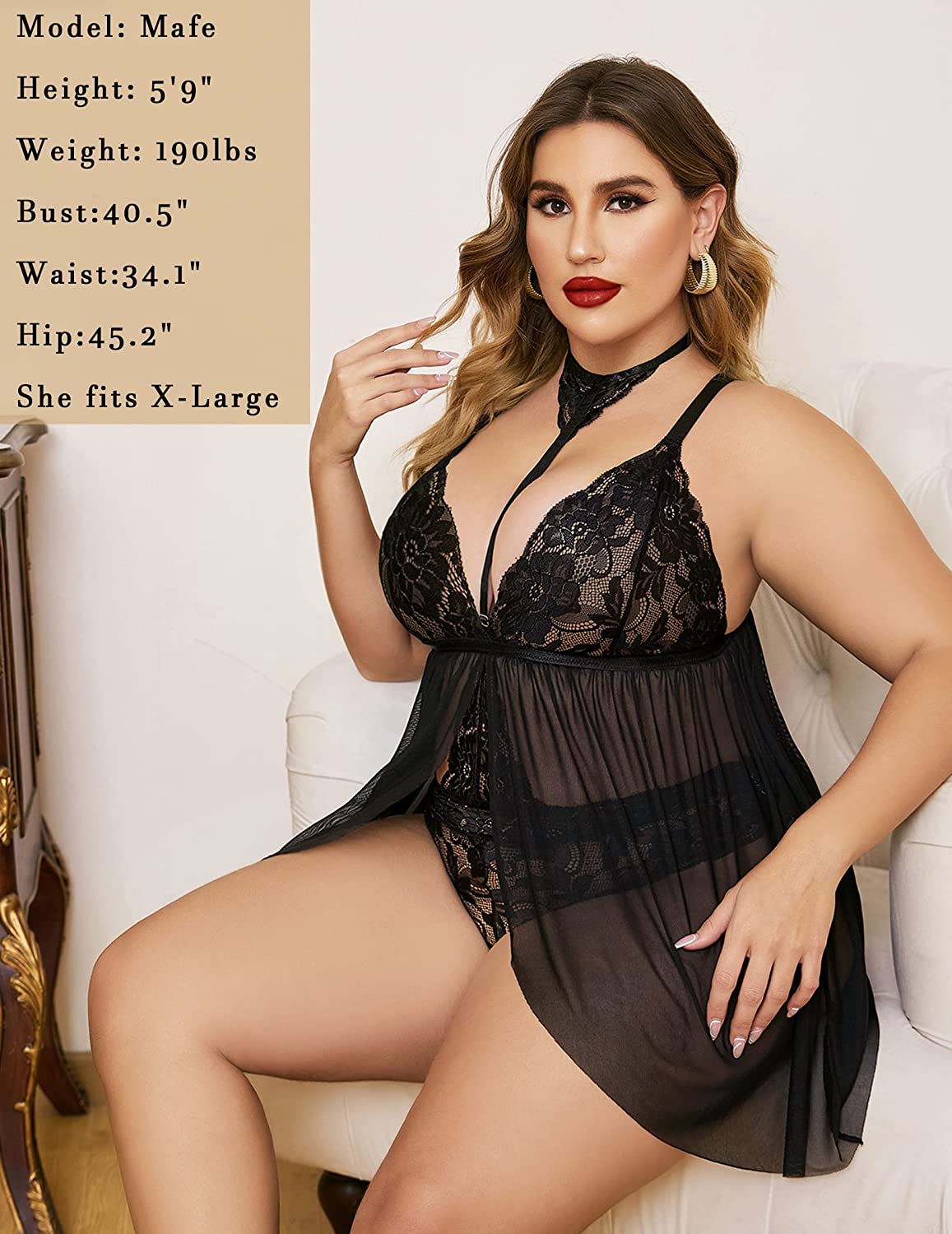 Avidlove Plus Size Lingerie For Lace Babydoll Mesh Choker Sleepwear L-5XL