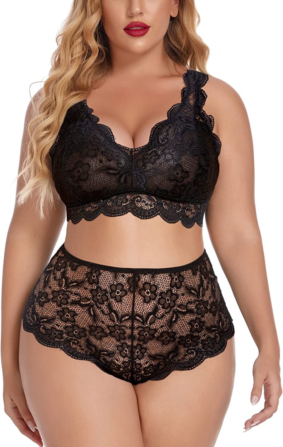 Avidlove Plus Size Lingerie Set Lace Halter Bralette High Waist Panty Set