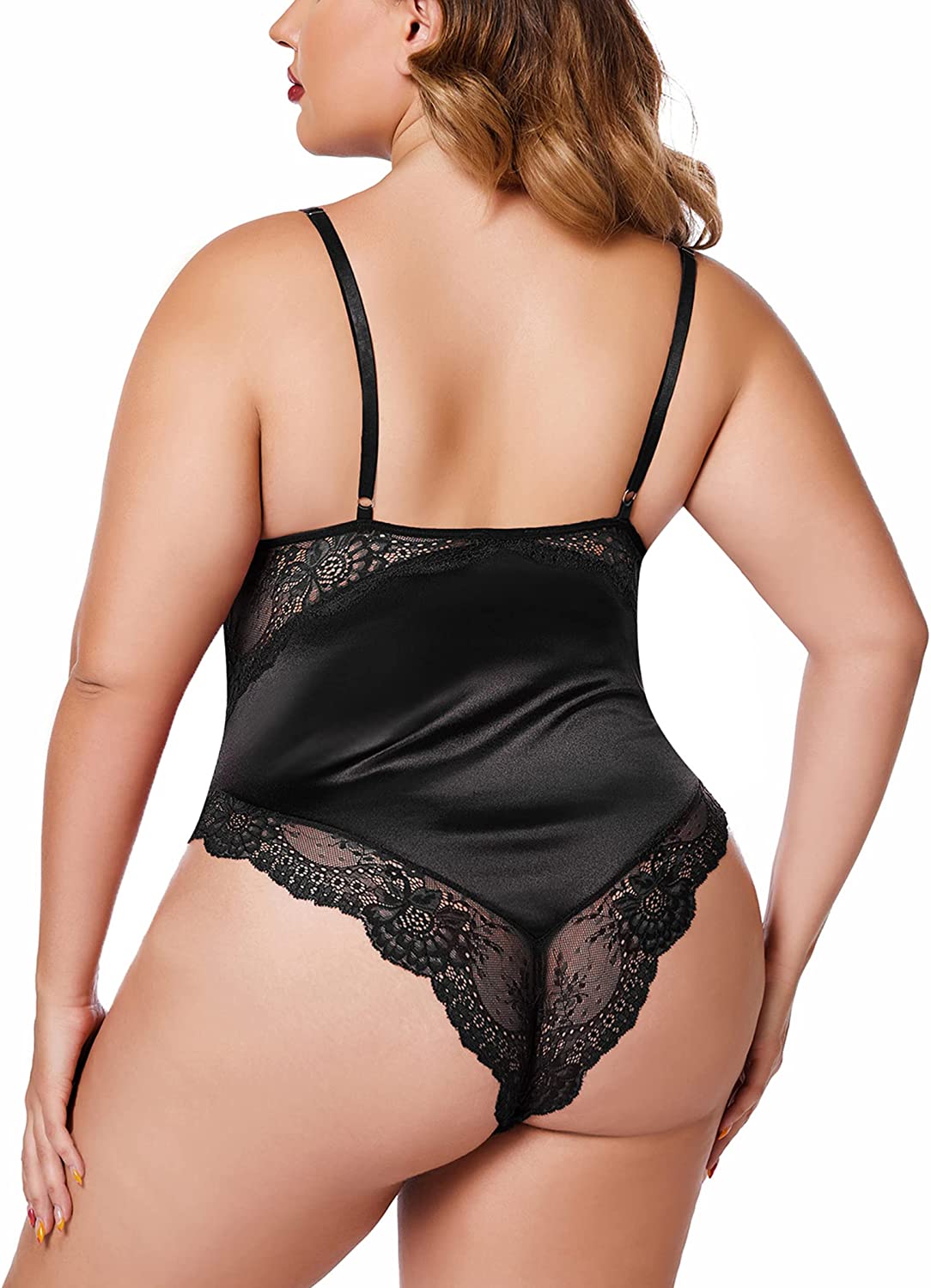 Avidlove Plus Size Lingerie Snap Crotch Teddy Bodysuit Satin Deep V Chemise Clubwear L~4XL