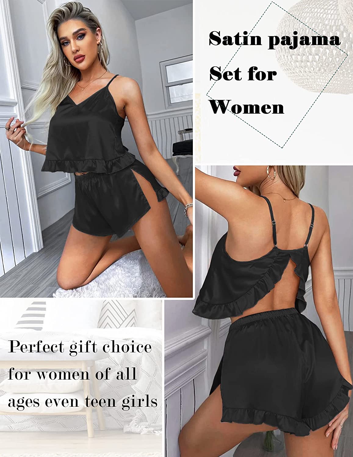 Avidlove Silk Pajama Set for V-Neck Ruffled Satin Sleepwear Solid 2 Piece Cami Shorts Set