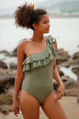 Revneu  Solid Color Feminine One Shoulder Falbala One Piece Swimwear