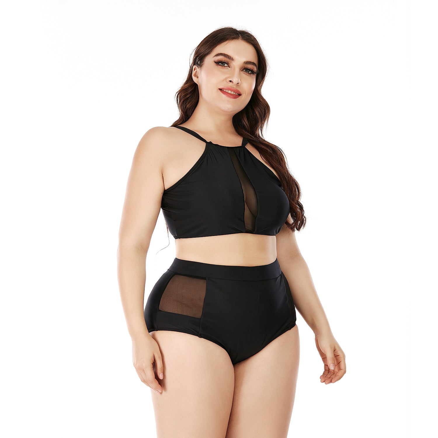 SiySiy Plus Size Two Piece Swimsuit Mesh Pure Black Swimsuit