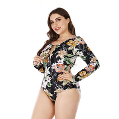 Plus Size Long Sleeve Rash Guard One Piece Printing Bathing Suits