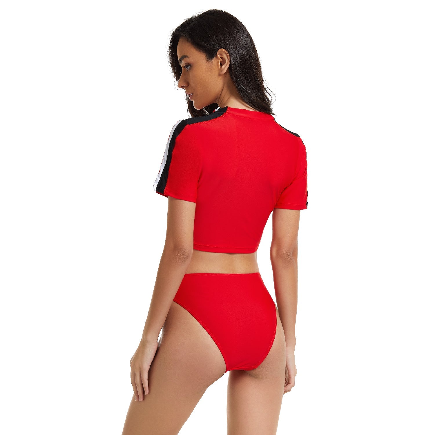 Short Sleeve Swimsuits Crop Top Surfing Suits Red Rash Guard