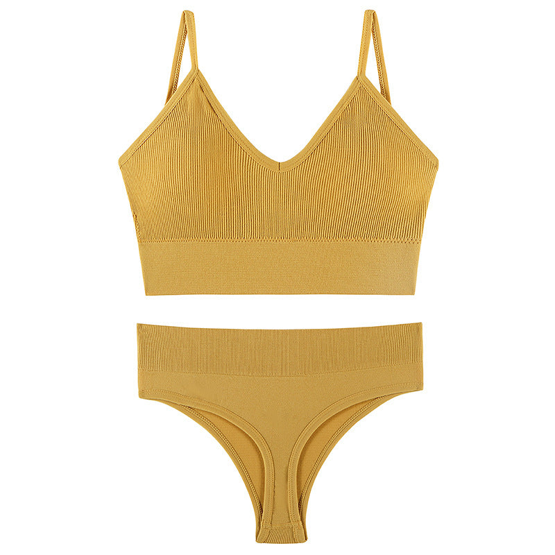 Smooth Comfortable French Triangle Cup Wireless Push-Up Bra & Underwear Set Yellow