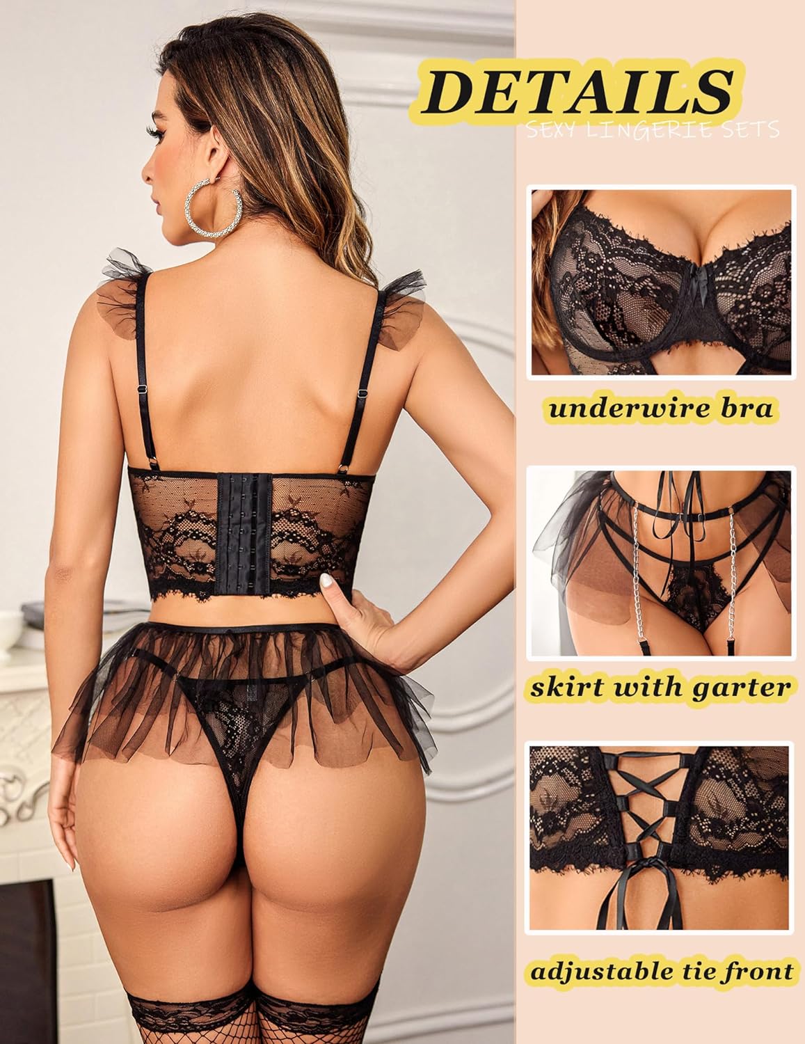 Avidlove Lingerie Sets Garter Sets 3 Piece Underwire Bra and Panty Sets With Mesh Mini Skirts S-XXL