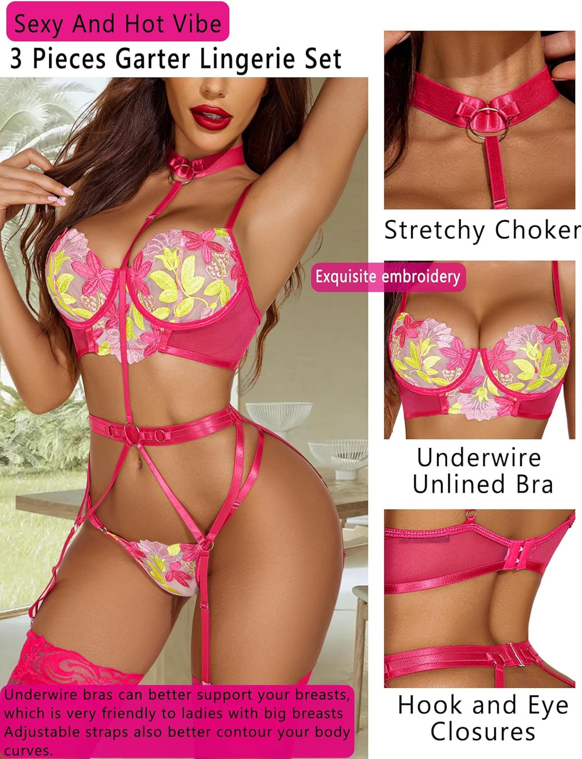 Avidlove Lingerie for Embroidered Lace Underwire Strappy Bra and Panty Set with Removable Garter