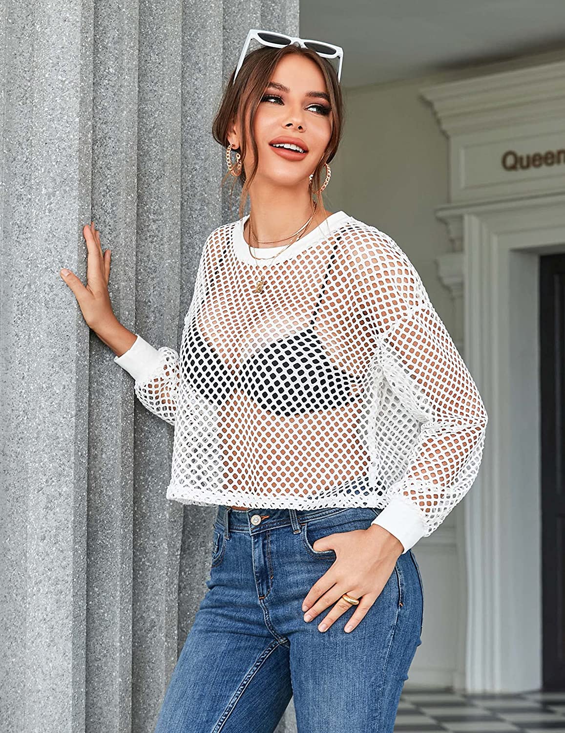 Avidlove Sheer Fishnet Top Long Sleeves Net T Shirts Crop Top