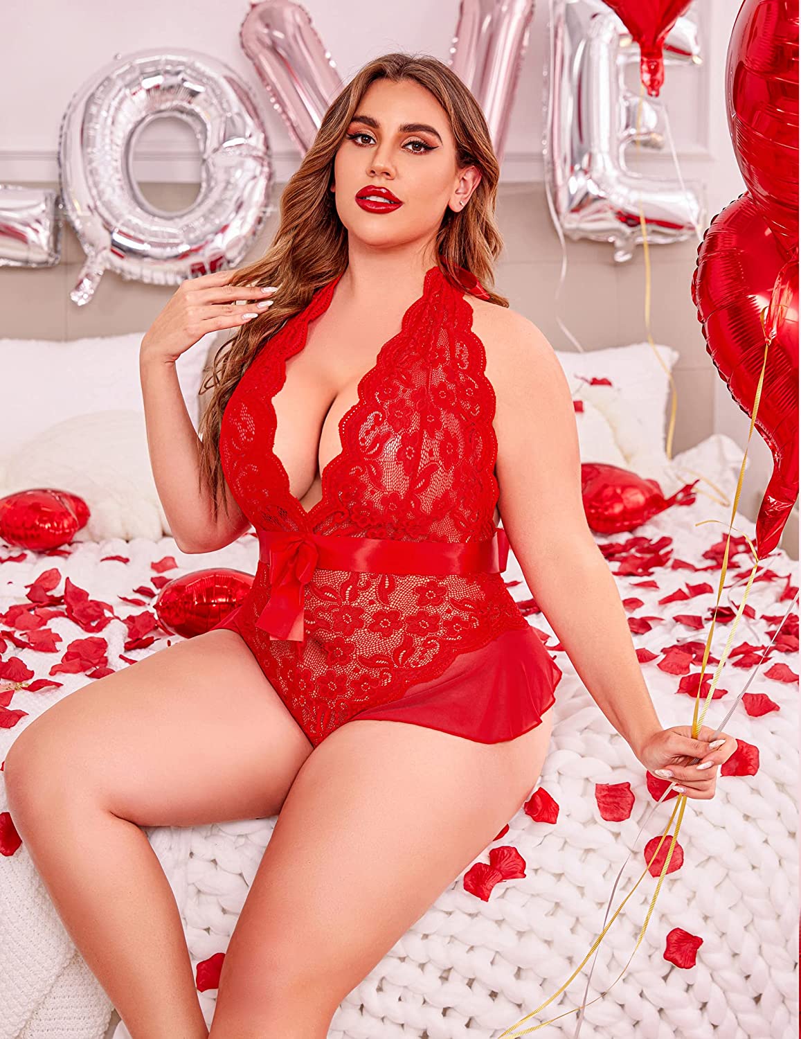 Avidlove Plus Size Lingerie for Deep V Neck Teddy Lingerie Halter Lace Bodysuit Babydoll