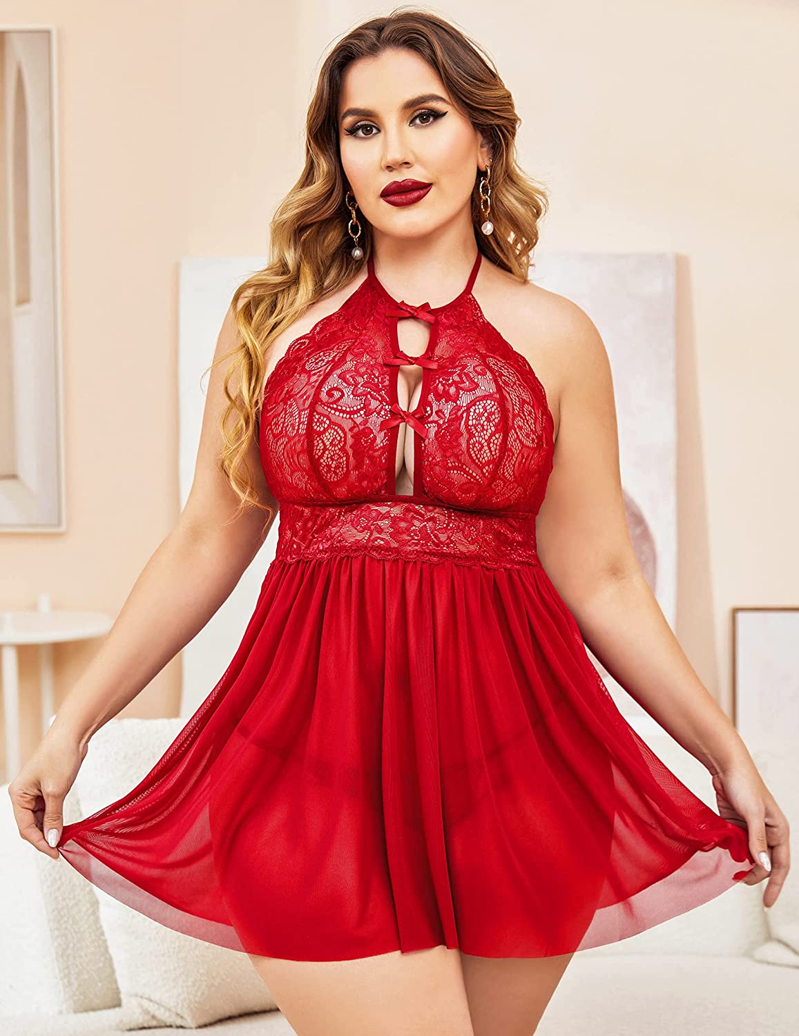 Avidlove Plus Size Lingerie For Lace Babydoll Strap Chemise Halter Neck Mesh Sleepwear Bandage