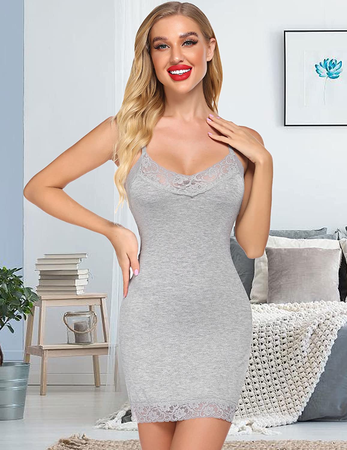 Avidlove Full Slip Lace Chemise Modal Slip Dress V Neck Nightgown Camisole Mini Dress