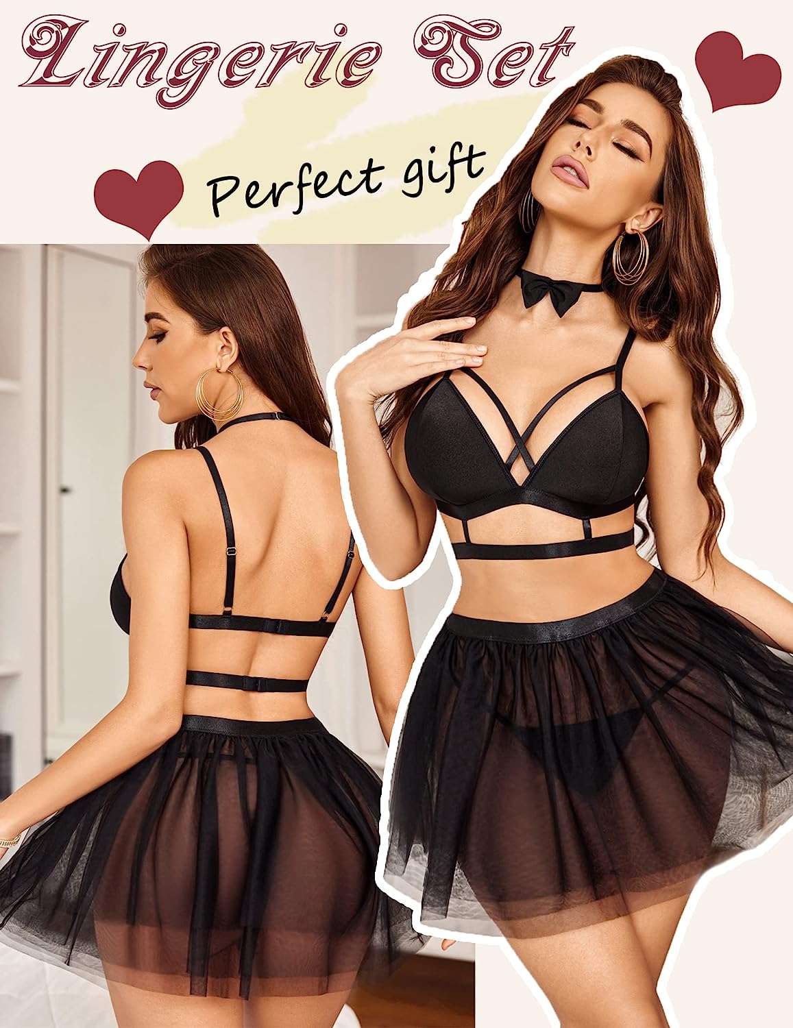 Avidlove Lingerie For Strappy Lingerie With Skirt Set Removable Choker Sleepwear S-XXL