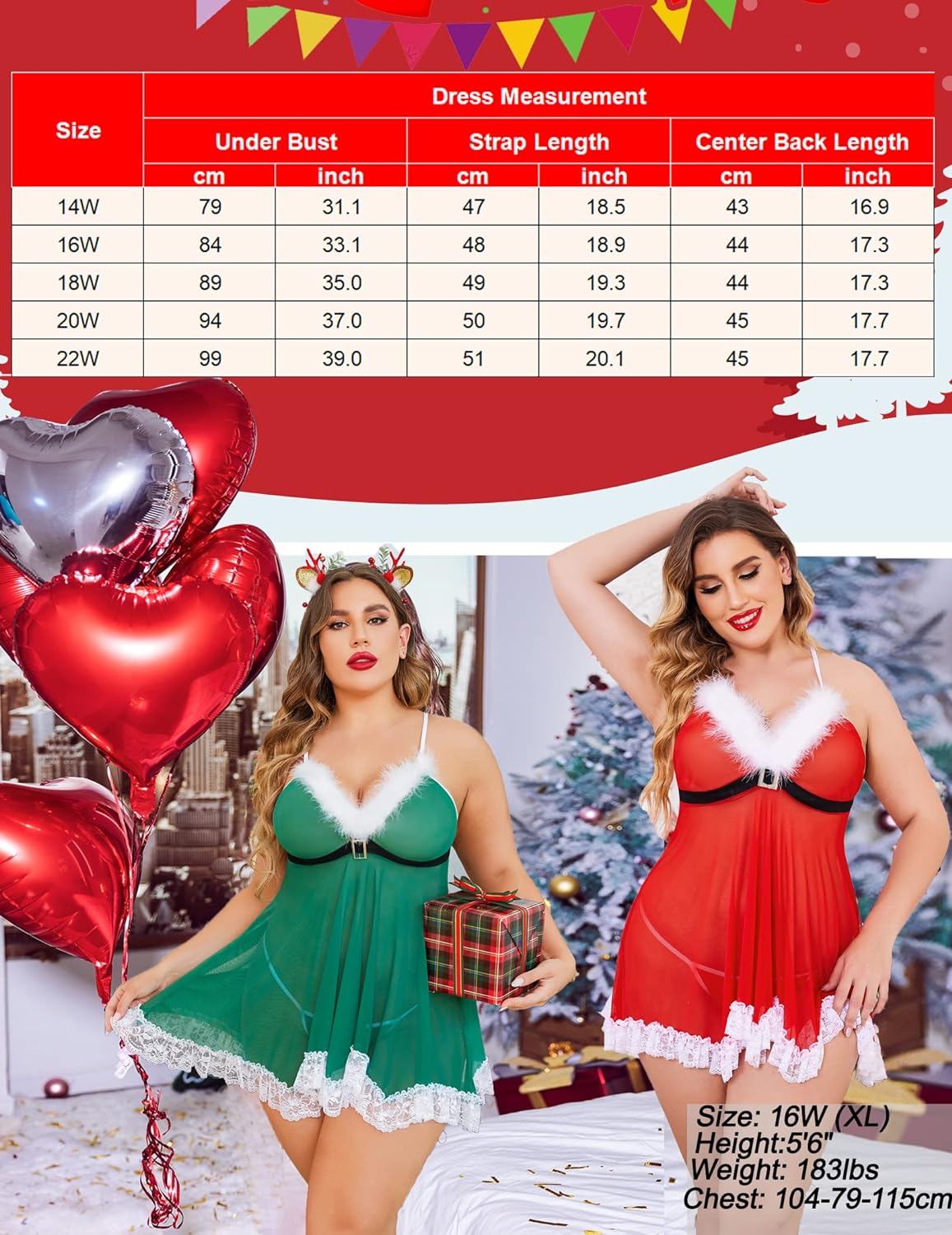 Avidlove Plus Size Christmas Lingerie Set Santa Chemises Babydoll Mesh Nightwear