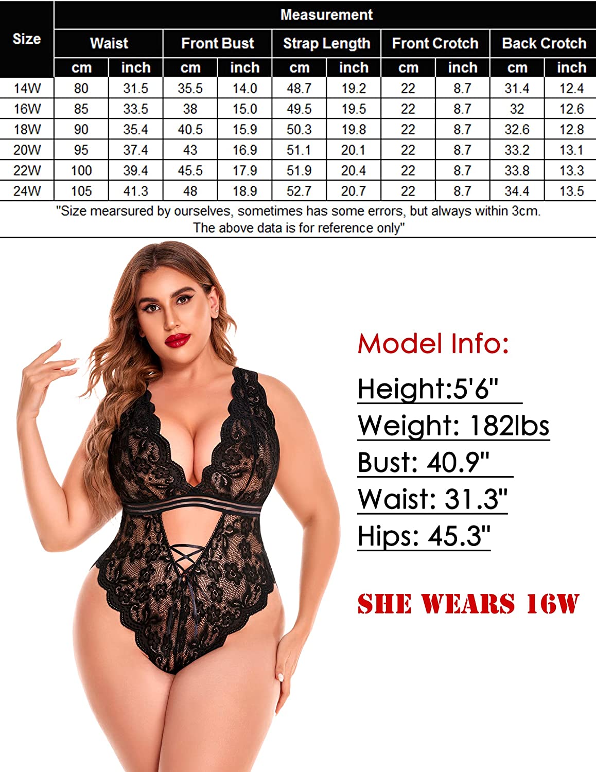 Avidlove Plus Size Lingerie Snap Crotch Teddy Bodysuit One Piece Lace Babydoll 14-24 Plus