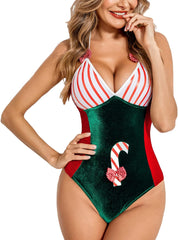 Avidlove Christmas Lingerie Santa Teddy V Neck Halter Costumes Lingerie Velvet Bodysuit