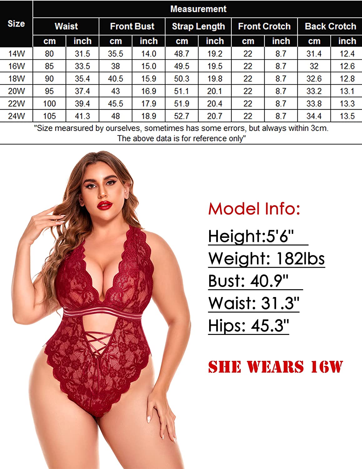 Avidlove Plus Size Lingerie Snap Crotch Teddy Bodysuit One Piece Lace Babydoll 14-24 Plus