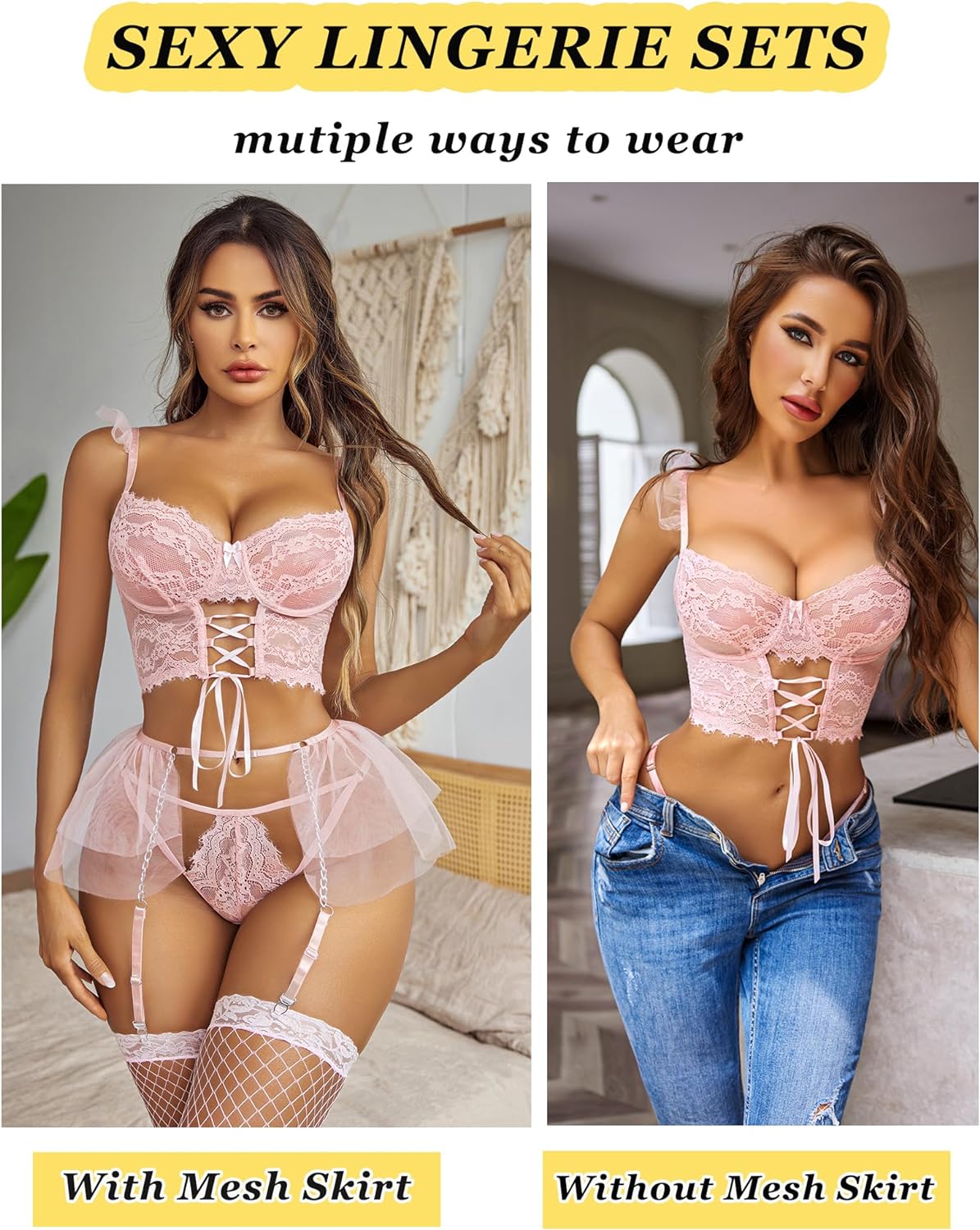 Avidlove Lingerie Sets Garter Sets 3 Piece Underwire Bra and Panty Sets With Mesh Mini Skirts S-XXL