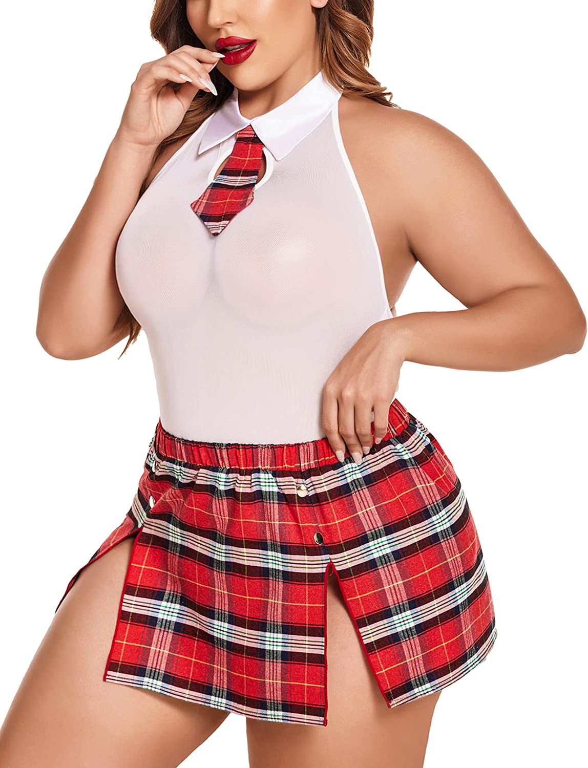 Avidlove Plus Size Lingerie Lingerie Set with Tie Halter Snap Crotch Teddy Bodysuit Plaid Skirt L-4XL