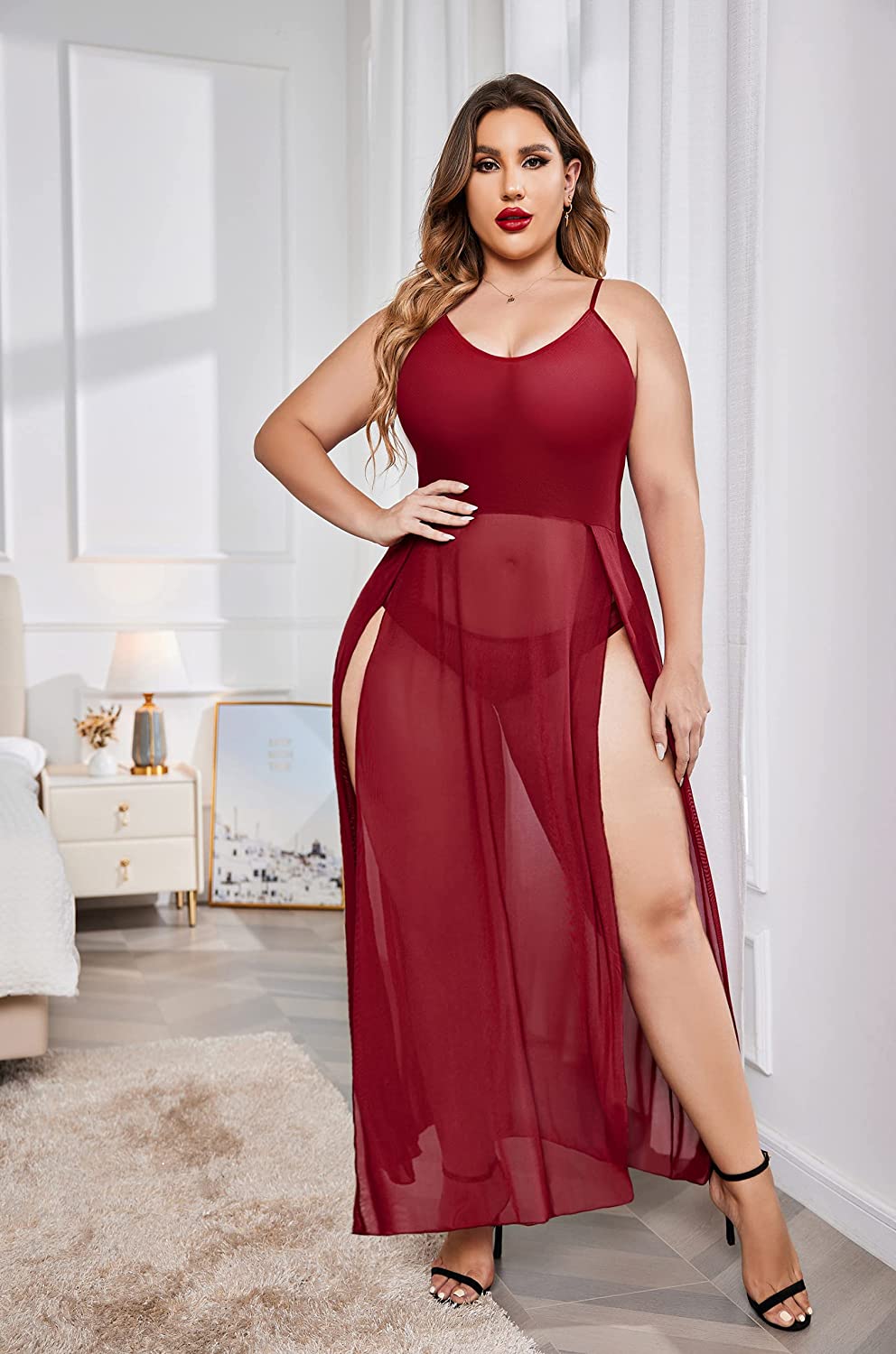 Avidlove Plus Size Dress For Babydoll Mesh Maxi Nightdress Strappy Exotic Sleepwear Side Slits