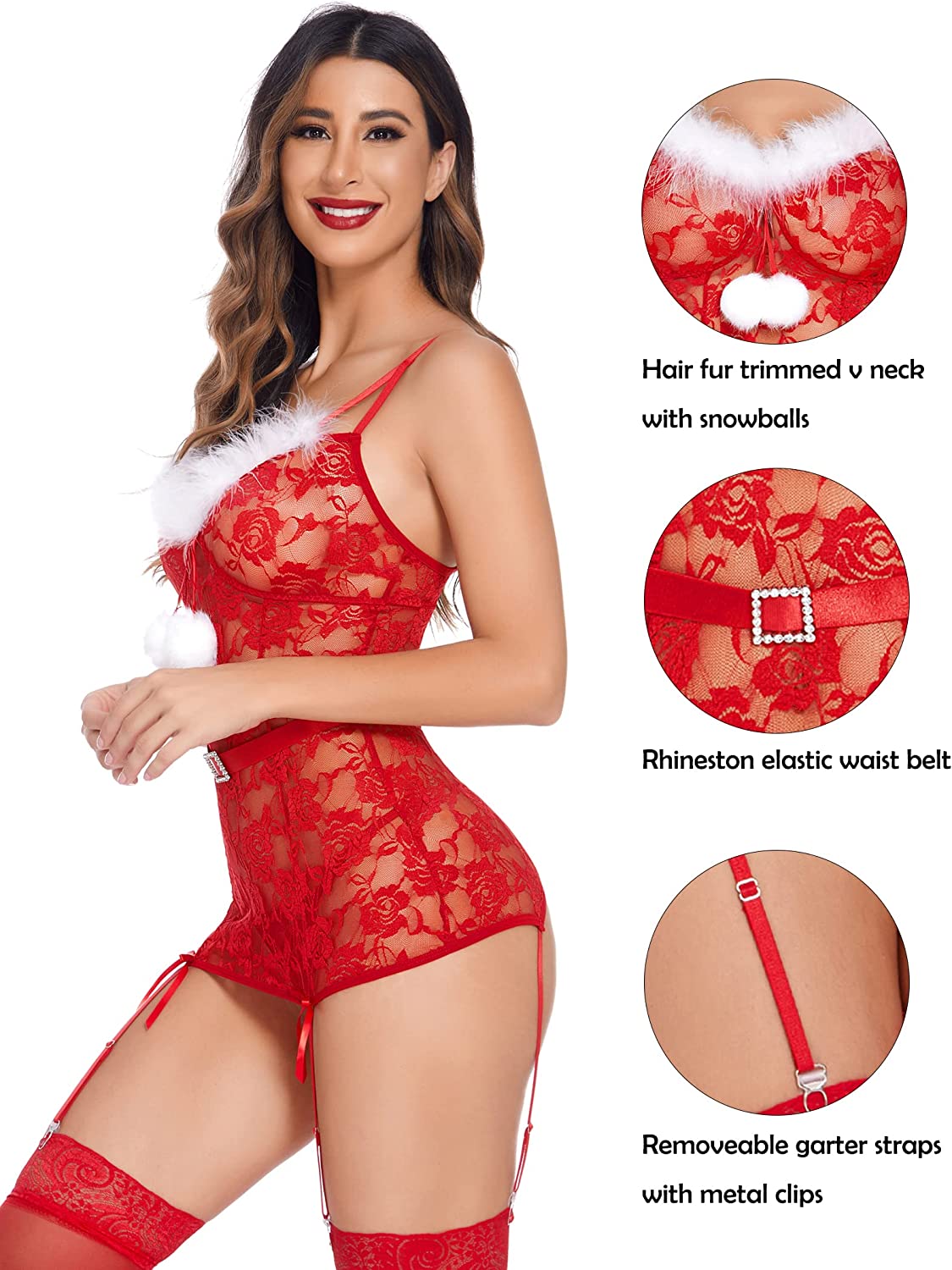 Avidlove Christmas Lingerie Floral Lace Teddy Bodysuit Garter Chemise Set One Piece Red Santa Babydoll