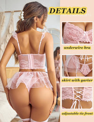 Avidlove Lingerie Sets Garter Sets 3 Piece Underwire Bra and Panty Sets With Mesh Mini Skirts S-XXL