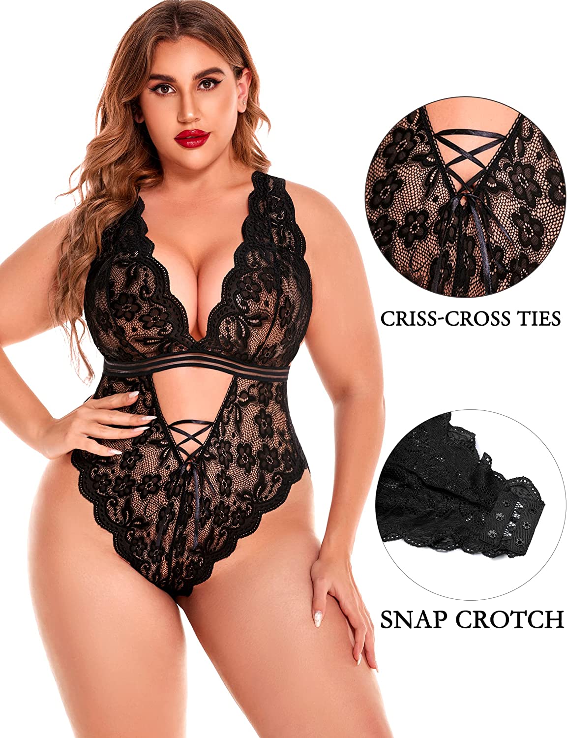 Avidlove Plus Size Lingerie Snap Crotch Teddy Bodysuit One Piece Lace Babydoll 14-24 Plus