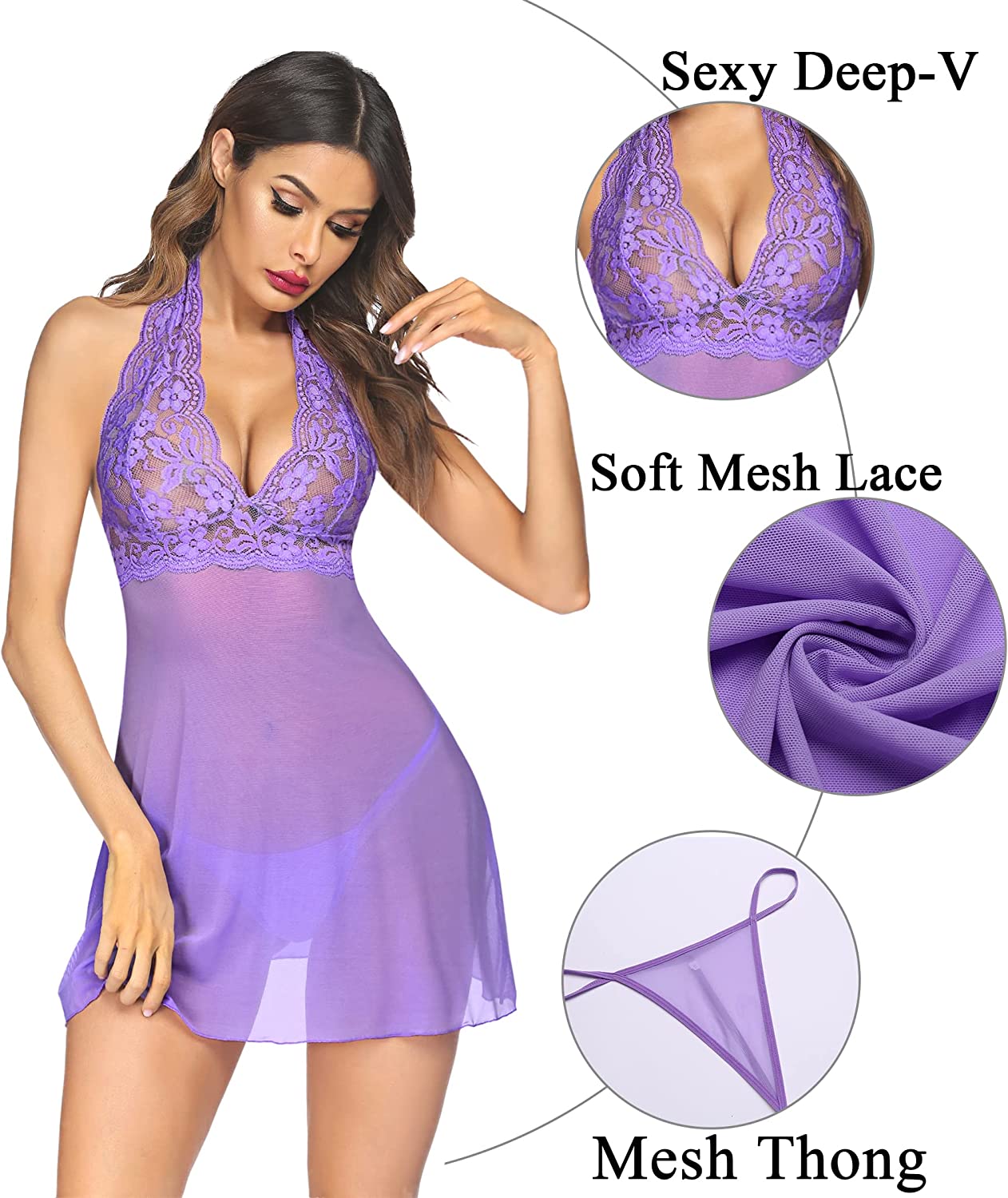 Avidlove Lingerie Halter Chemise Lace Babydoll Mesh Nightwear V Neck Teddy