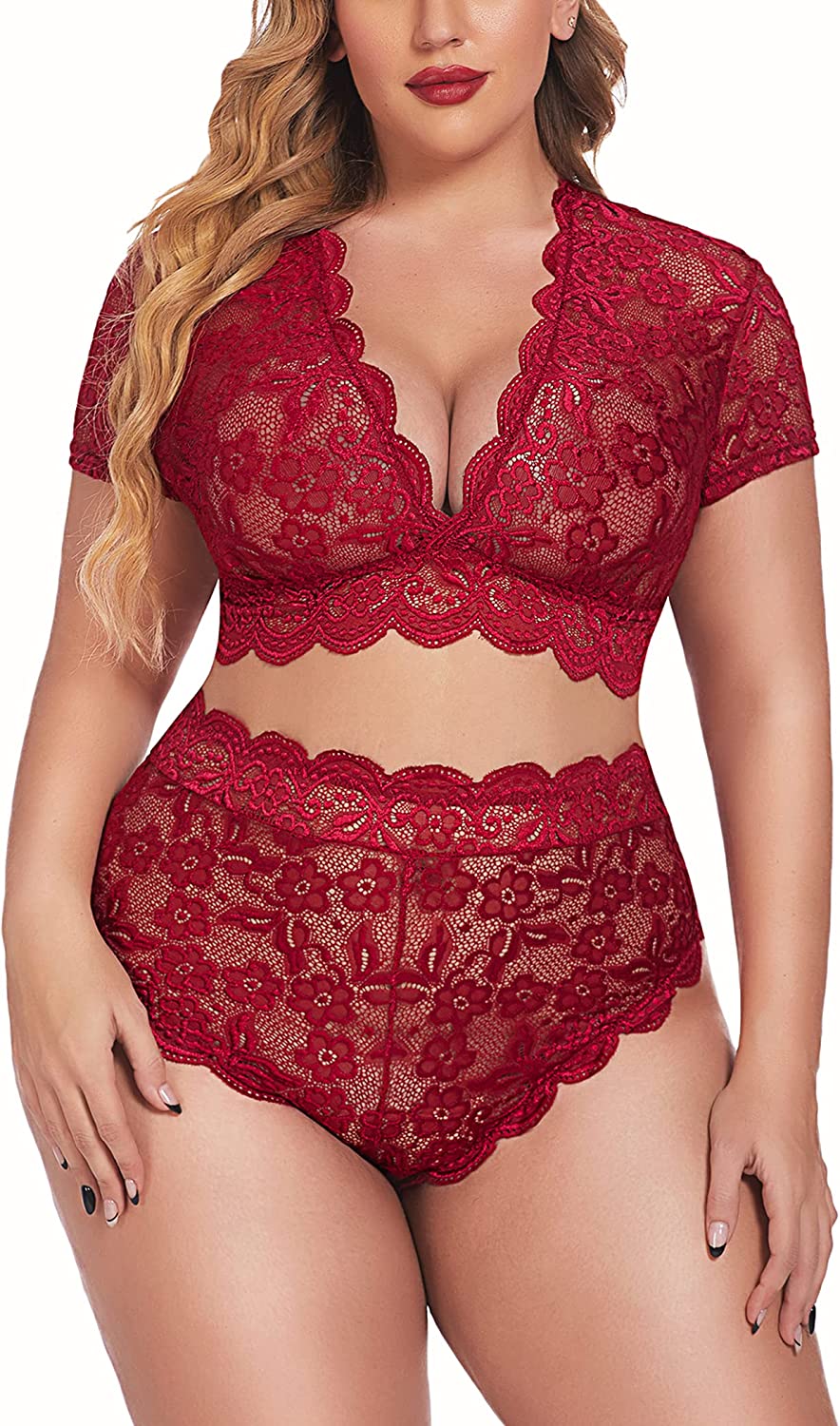 Avidlove Plus Size Lingerie Plus Floral Lace Scallop Trim Lingerie Set Deep V Allover Lace Bra Panties Set Clubwear