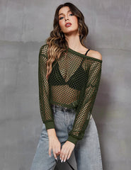 Avidlove Sheer Fishnet Top Long Sleeves Net T Shirts Crop Top